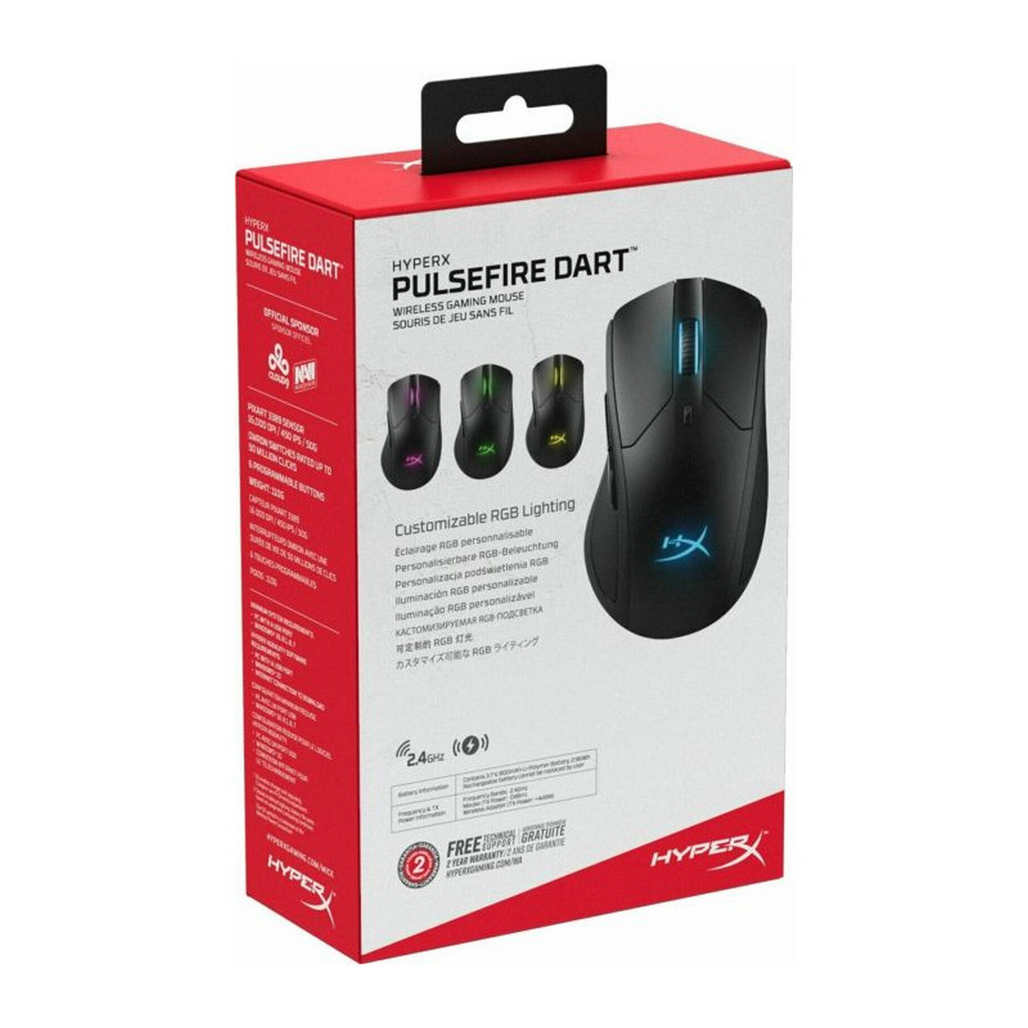 Una caja negra y roja para un ratón para juegos inalámbrico HyperX Pulsefire Dart.