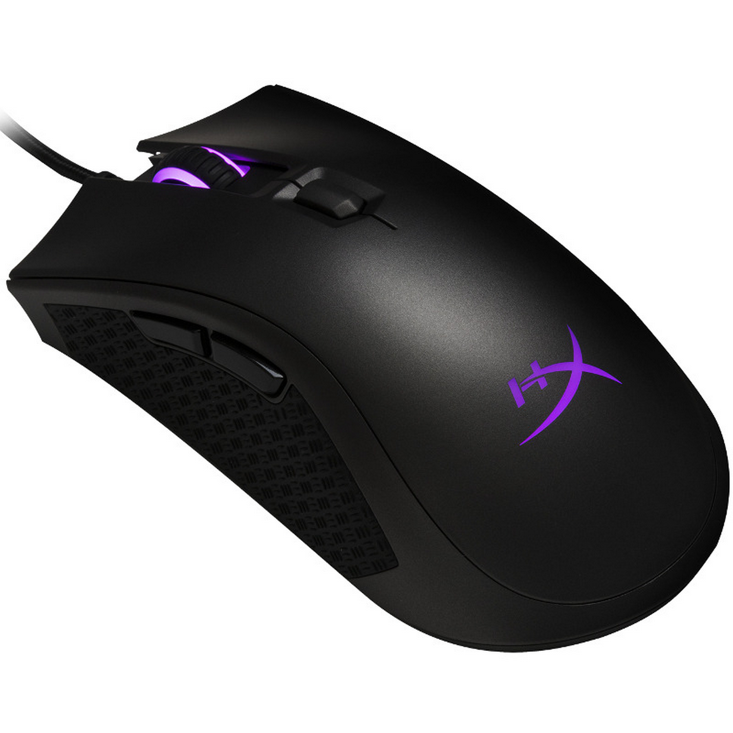 Un ratón gaming negro con logo y detalles morados. Tiene botones y rueda de desplazamiento.