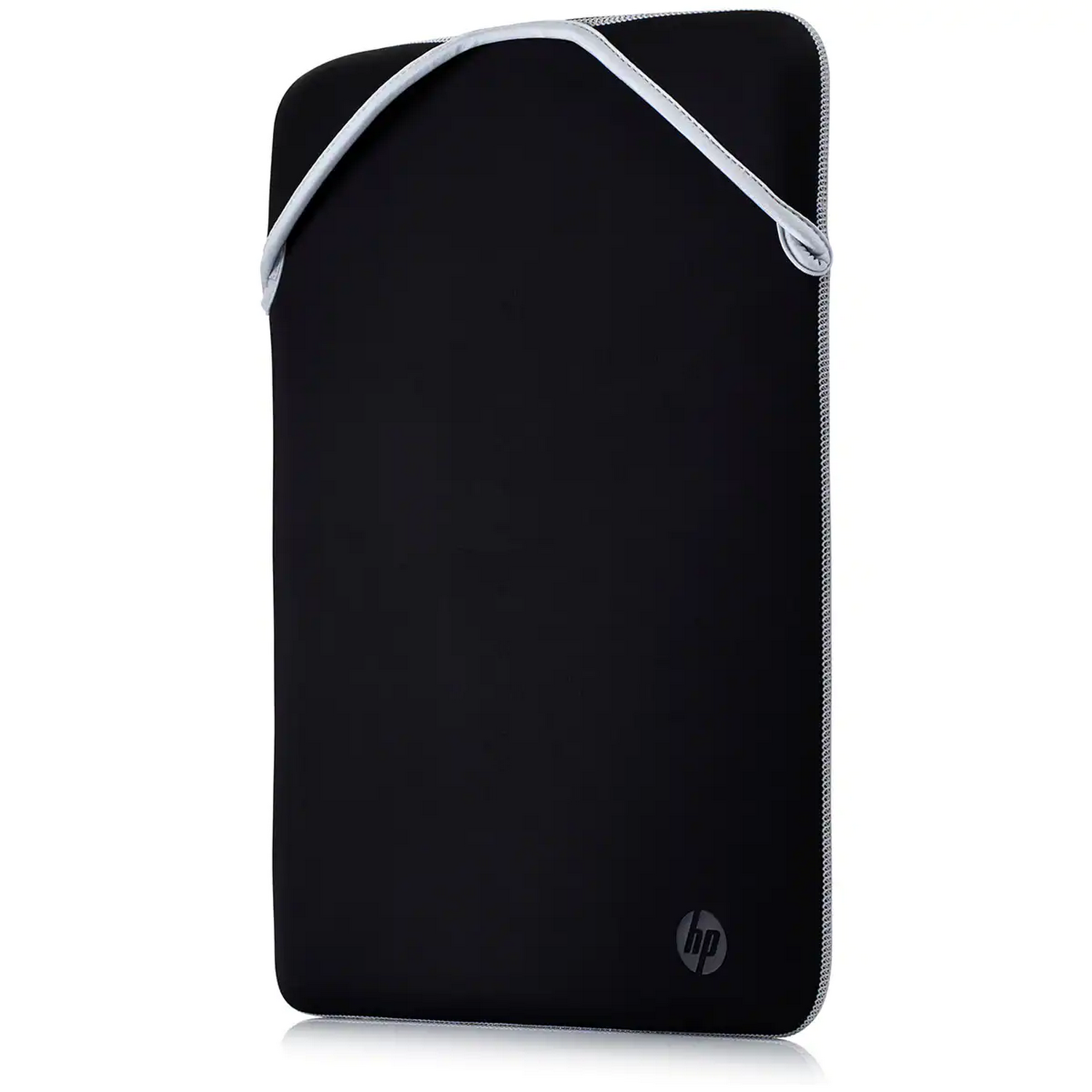 Funda negra para portátil HP con ribete blanco y cierre de cordón blanco, logo HP visible.