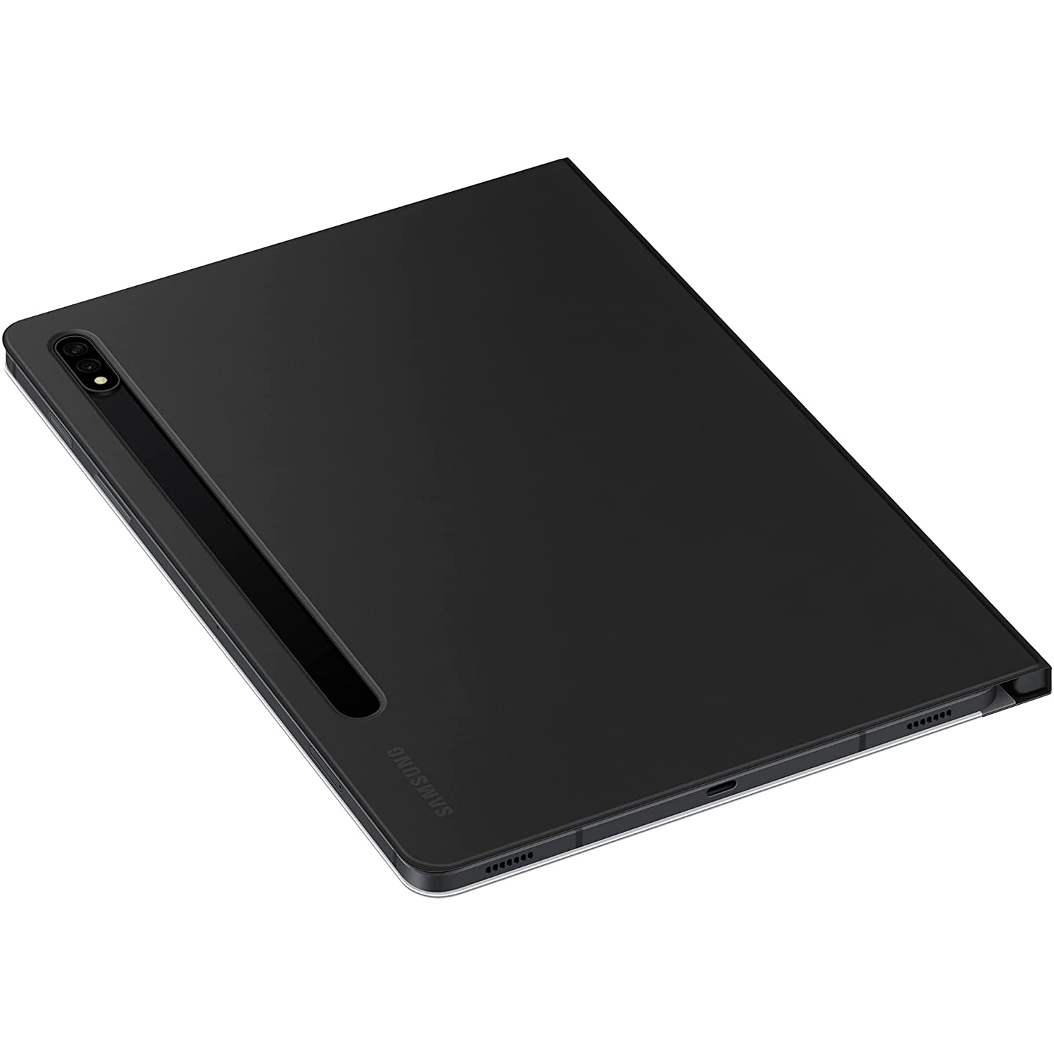 Una funda negra para tableta Samsung con el logotipo de Samsung. Está en ángulo, mostrando la cámara y una ranura para lápiz.