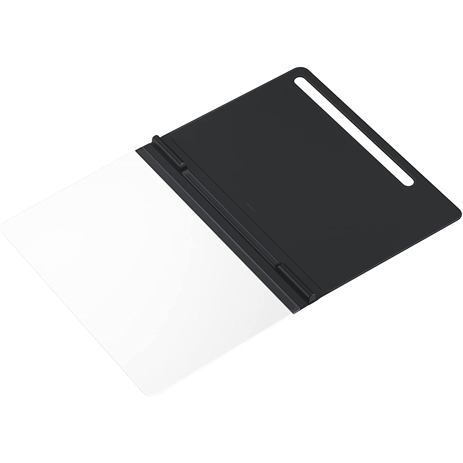 Una funda negra para tableta está abierta, revelando una pantalla blanca. Una bisagra negra conecta la funda a la pantalla.