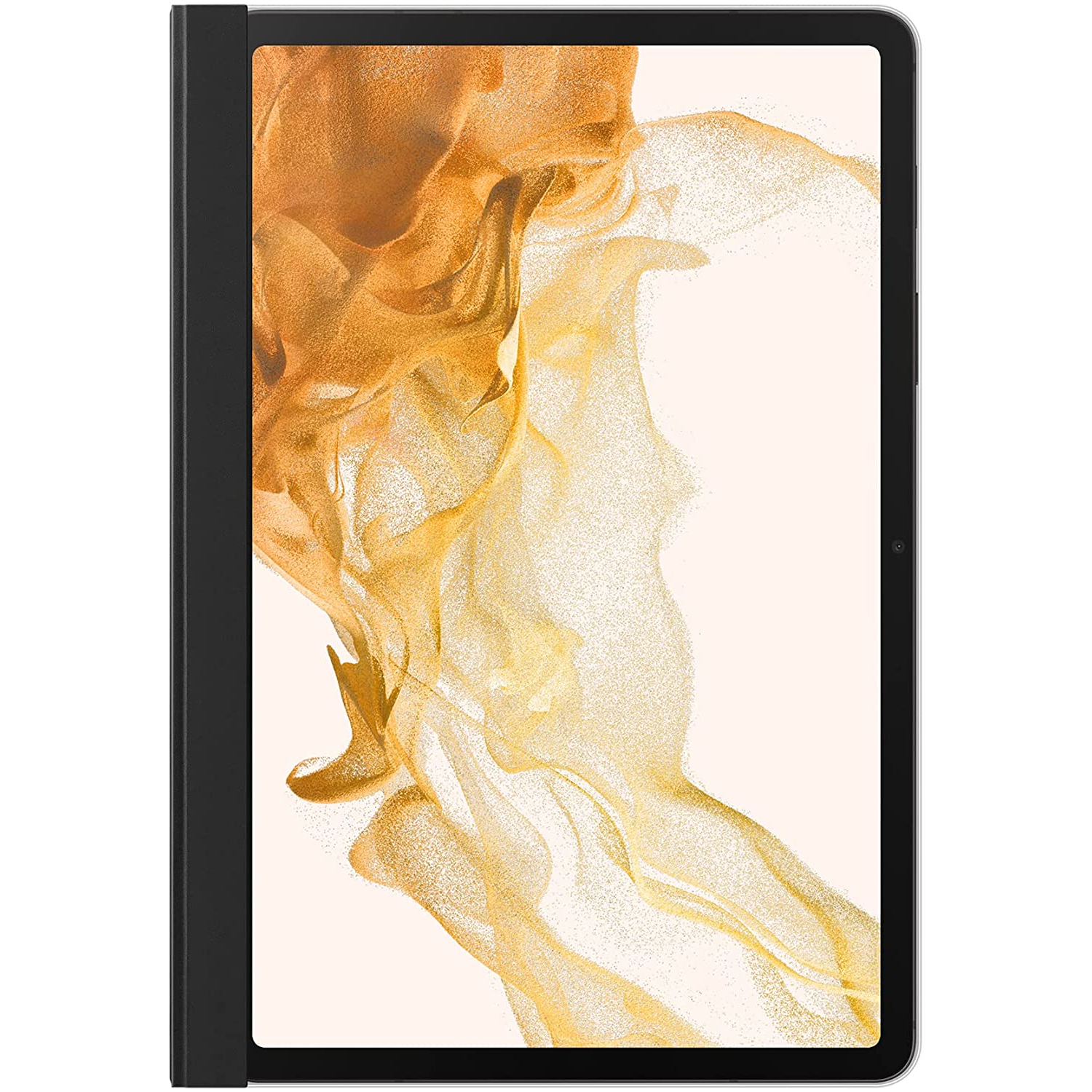 Una tableta con un diseño de remolinos dorados y blancos en la pantalla, encerrada en una funda negra. La tableta es rectangular.