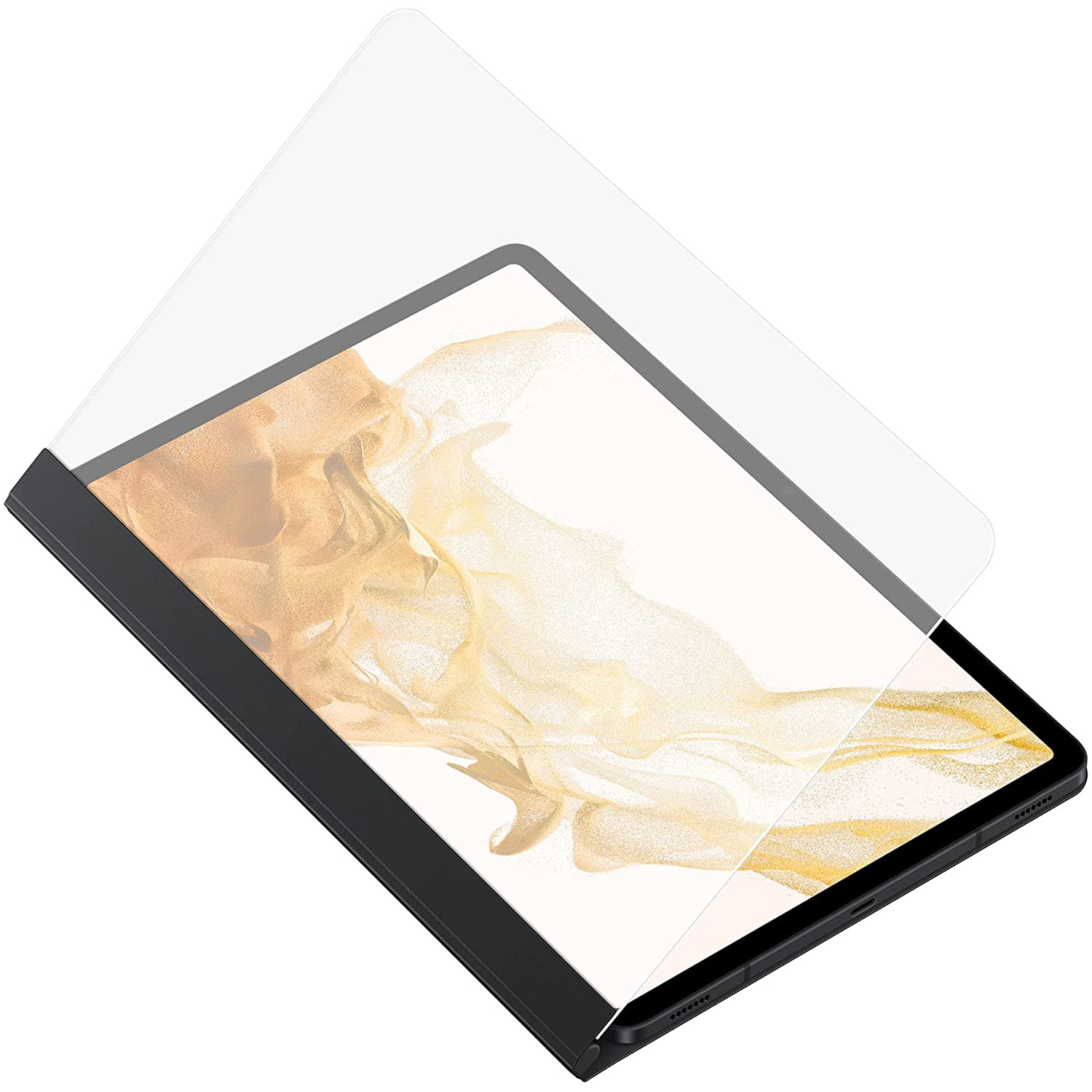 Una tableta con un protector de pantalla que se está aplicando. La tableta es negra y la pantalla muestra un diseño dorado y abstracto.