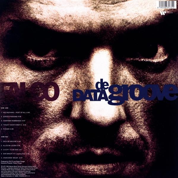 Albumcover für Falcos Album 'Data de Groove', mit Gesicht und Trackliste.