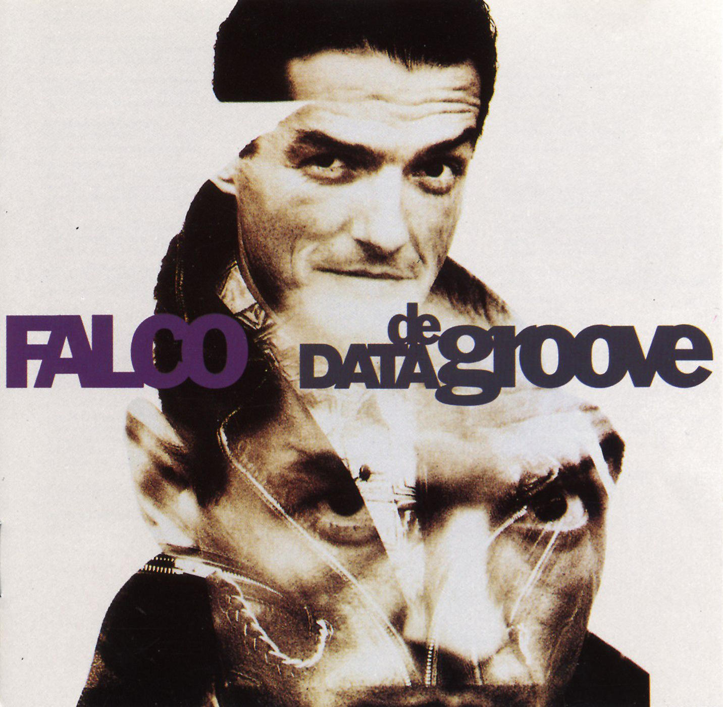 Album borító: Falco, 'Data de Groove' cím. Fekete hajú férfi arca, egy hasonló arcra ráhelyezve.