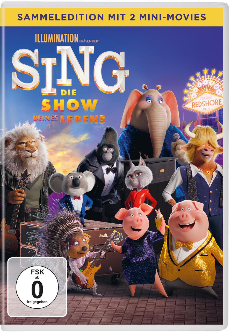 DVD-Cover von "Sing: Die Show deines Lebens" mit animierten Tierfiguren.