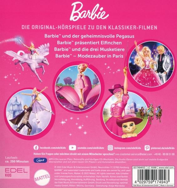 Rückseite einer Barbie DVD-Hülle. Bilder von Barbie und eine Liste von Titeln in Pink und Weiß.