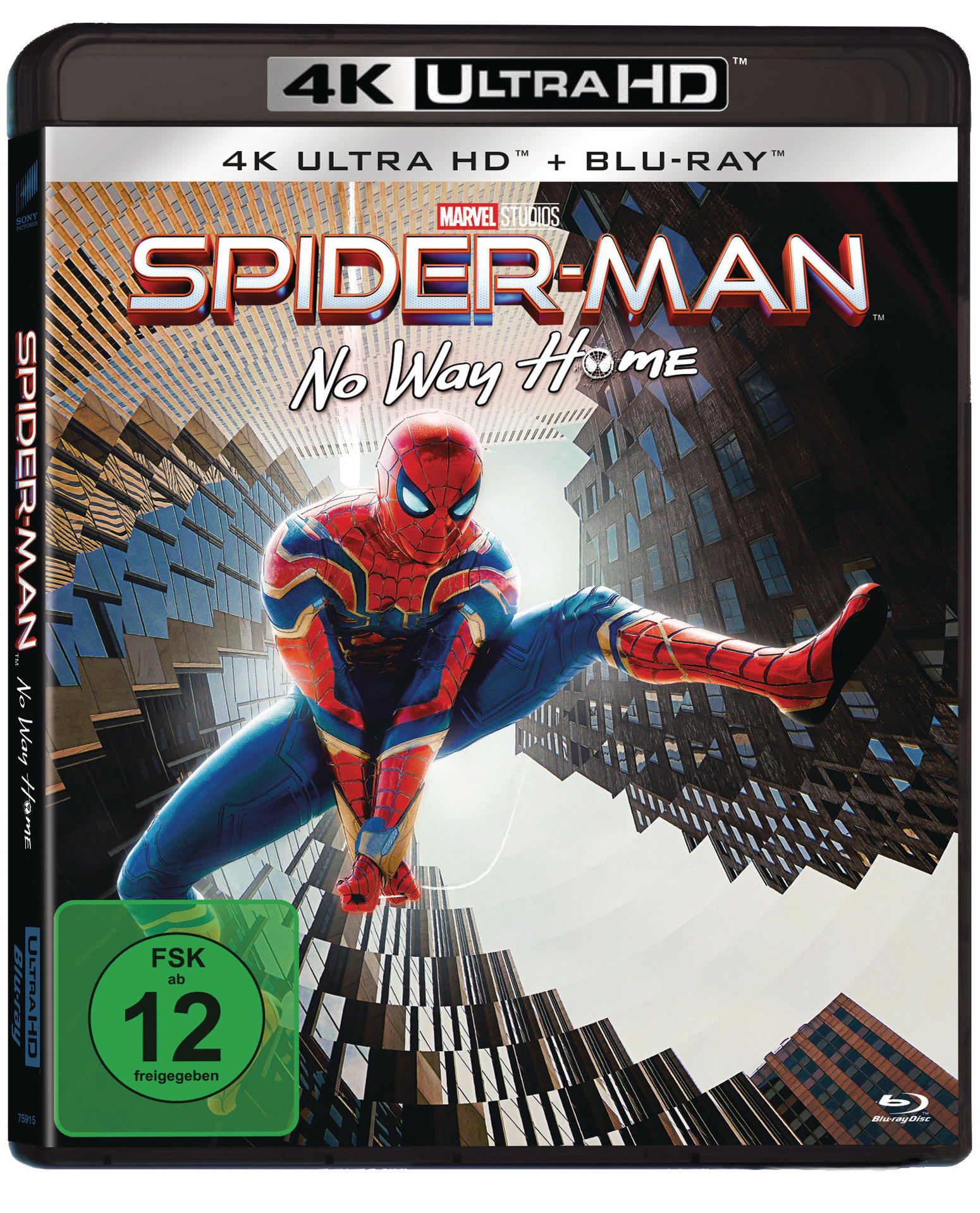 Spider-Man: No Way Home Blu-ray-Hülle. Spidey-Bild auf dem Cover, Stadtbild im Hintergrund.