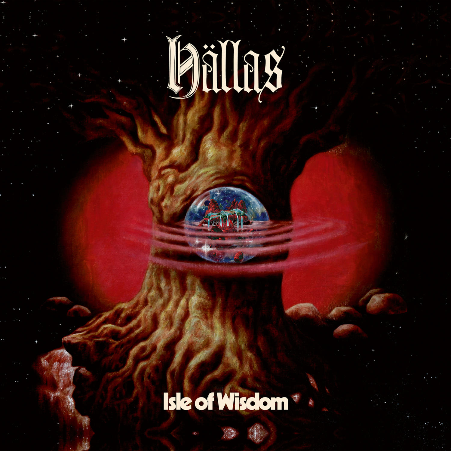 Album borítója egy fával és egy bolygószerű gömbbel. Vörös háttér csillagokkal, a 'Hillas' és az 'Isle of Wisdom' szavakkal.