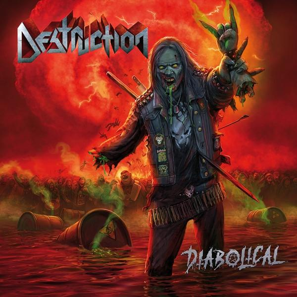 A Destruction album borítója. Egy zombiszerű figura a kezét emeli szarvakkal egy piros háttér előtt. Cím: Diabolical.