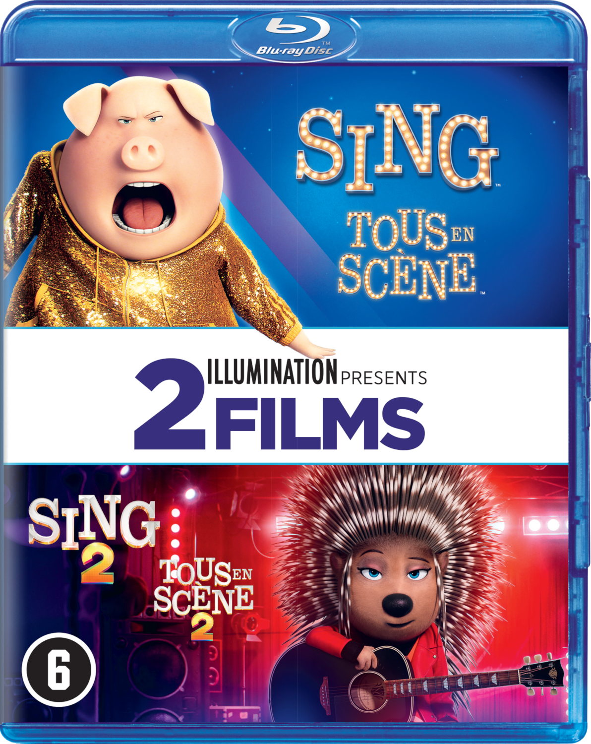 Sing 2 Blu-ray-hoesje met een varken en een stekelvarken op de cover.