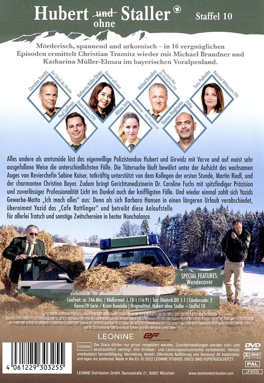 DVD-Cover von 'Hubert und Staller' mit Fotos der Besetzung und Text auf Deutsch. Hintergrund zeigt ein Polizeiauto.