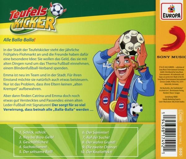 Comic-Cover. Ein Mann mit einem Fußball auf dem Kopf. Bunter Hintergrund mit Text.