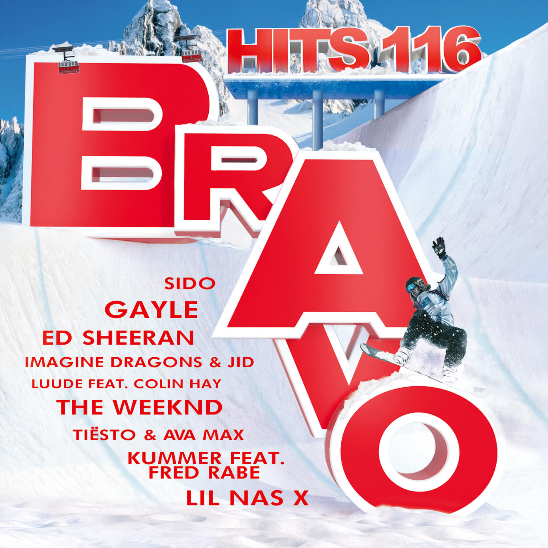 Bravo Hits 116 CD-Cover mit Snowboarder auf schneebedecktem Berg und rotem Bravo-Logo.