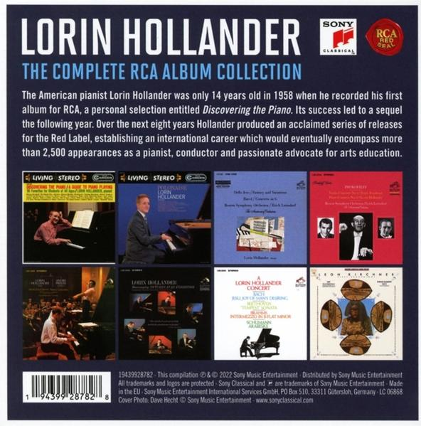 Rückseite der Lorin Hollander Album-Kollektion mit Text und Albumcovern.