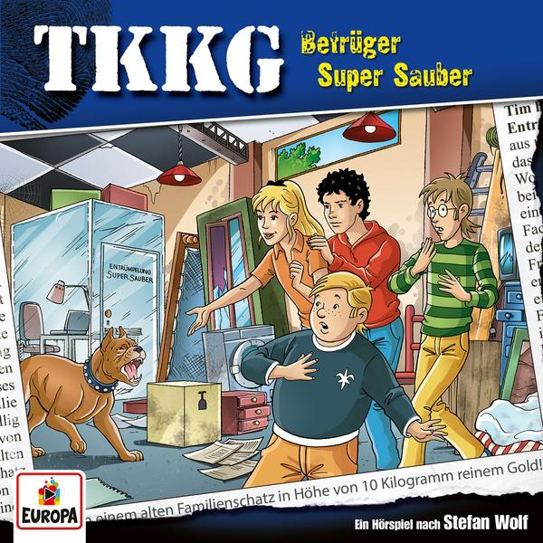 Cartoon-Bild von Kindern und Hund in unordentlichem Raum mit Text 'TKKG'.
