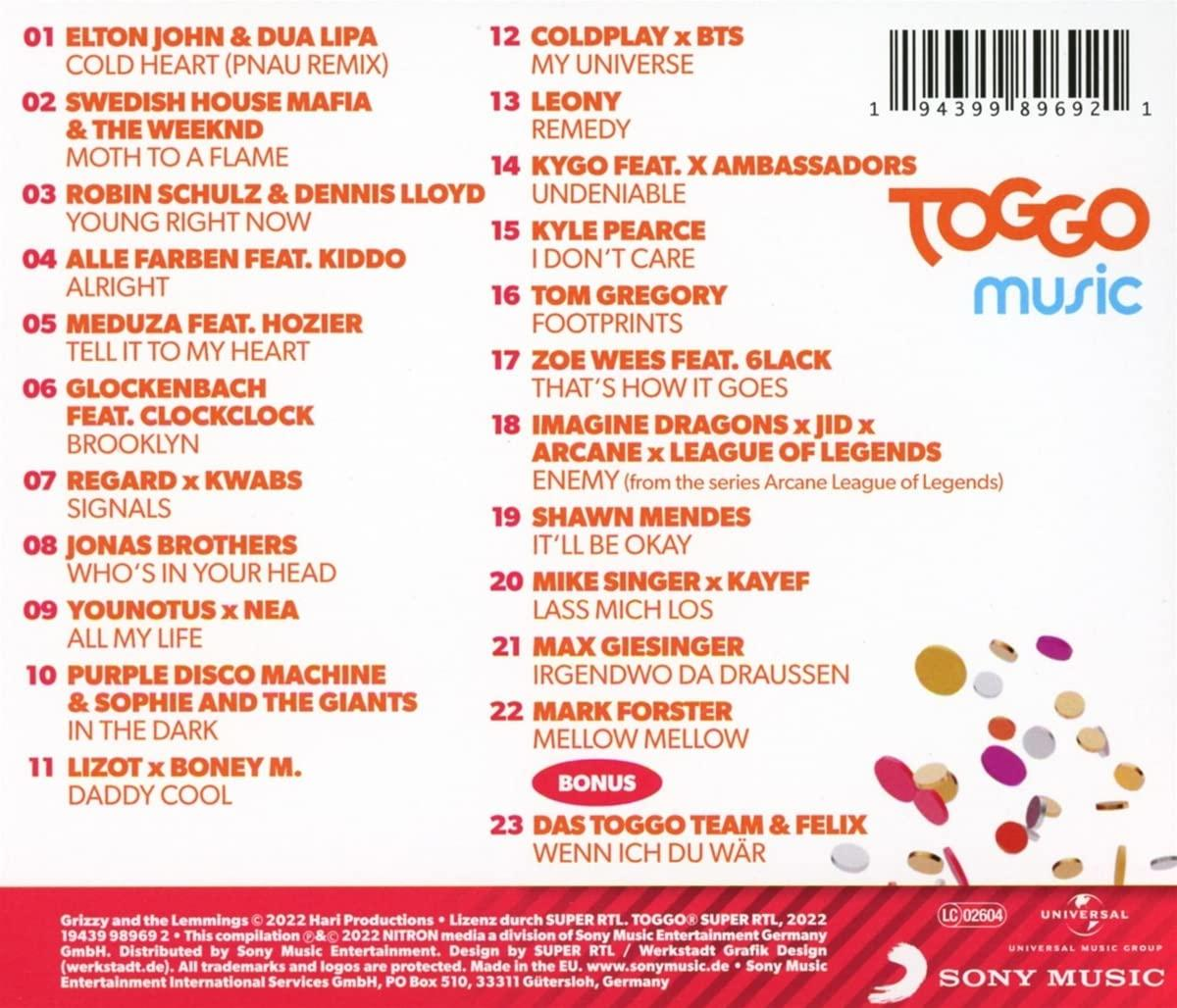 CD-Cover mit einer Liste von Musiktiteln und dem Toggo Music-Logo, mit Barcode.