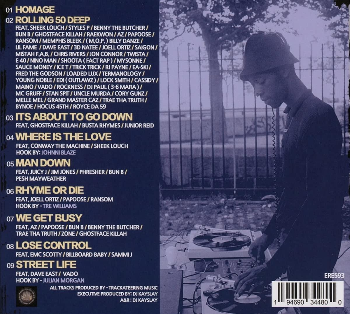 Albumcover mit Trackliste. Ein Mann steht hinter einem DJ-Set. Dunkelblauer Hintergrund.