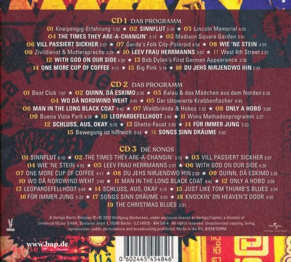 Albumcover mit Songtiteln, angeordnet in drei Spalten.