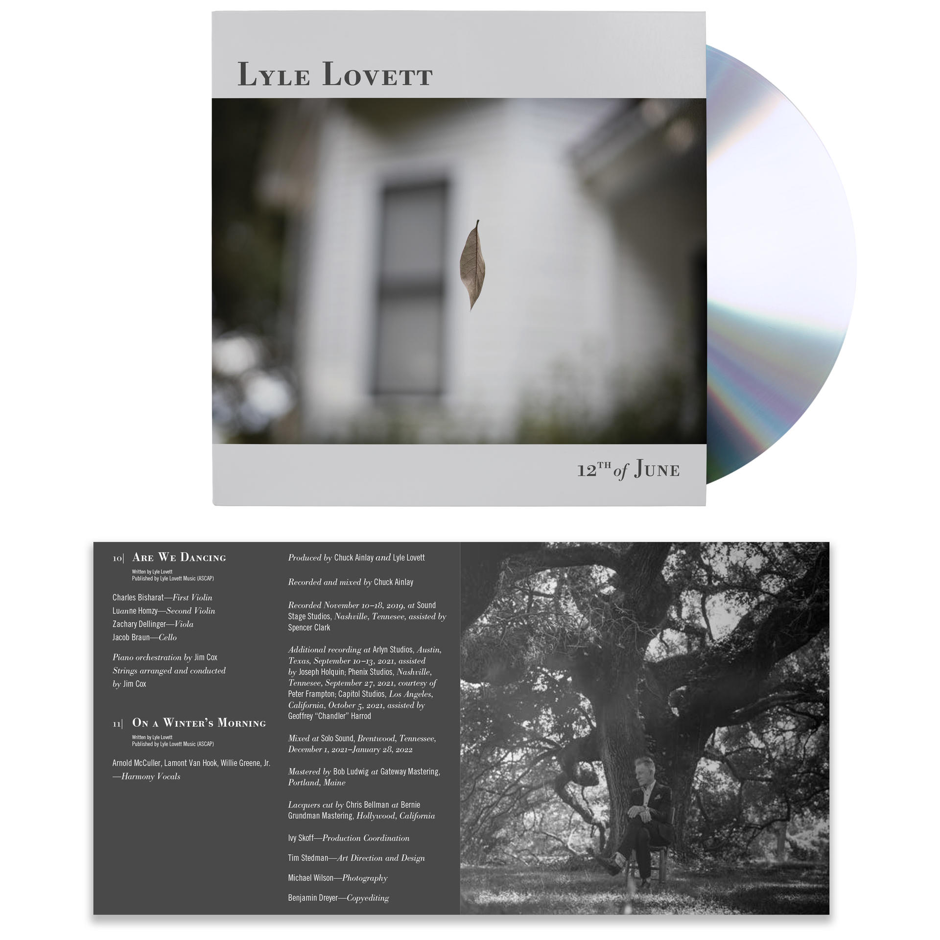 Albumcover mit fallendem Blatt, mit dem Text 'Lyle Lovett' und einer CD.