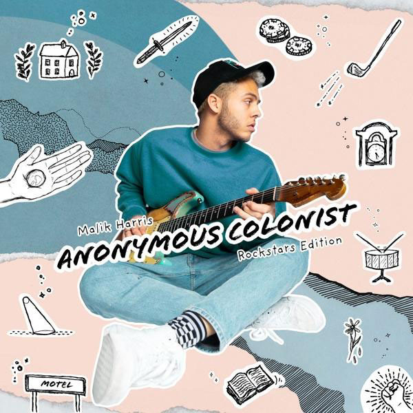 Albumcover mit einem Mann, Gitarre und verschiedenen illustrierten Elementen.