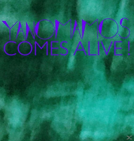 Text auf grünem Hintergrund, 'YANOMAMOS COMES ALIVE!' in Lila.