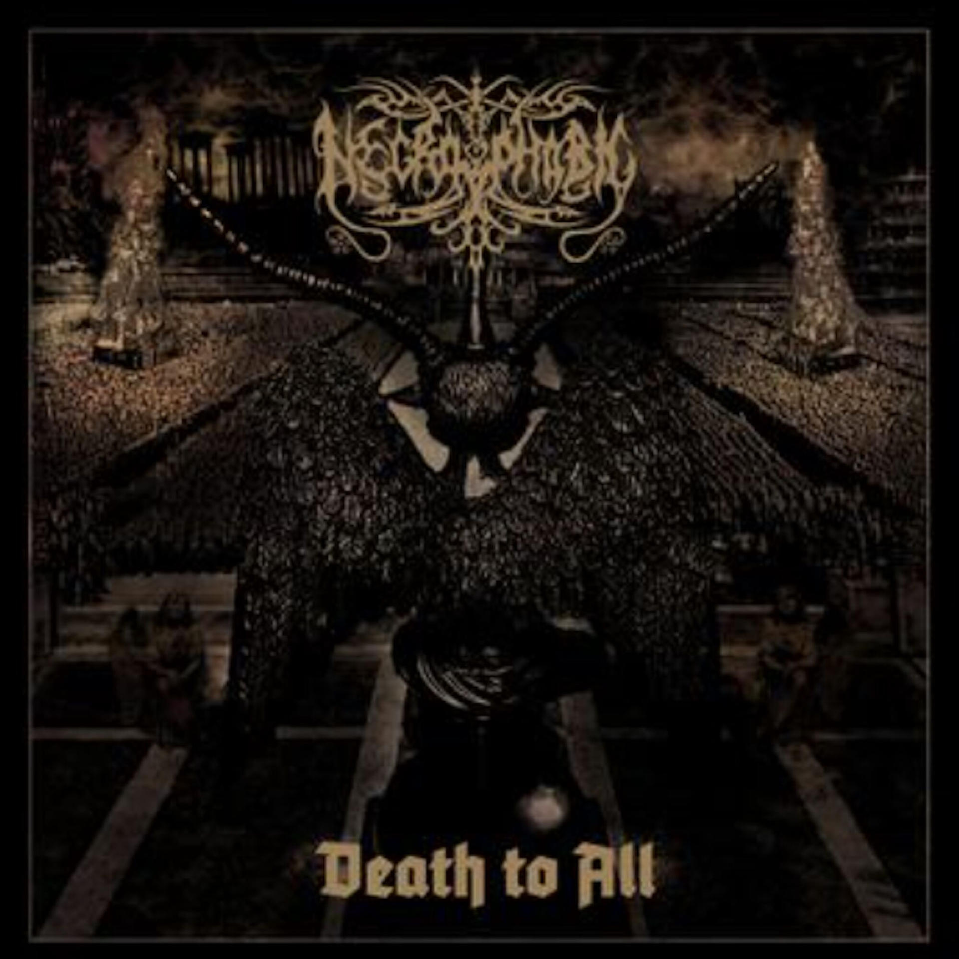 Albumhoes. Satanische beelden met een gevleugeld beest en een schedel. Tekst luidt "Death to All".