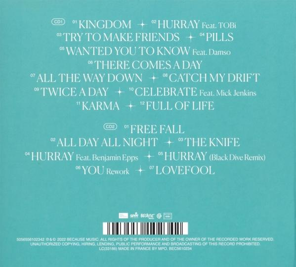 Rückseite der CD-Hülle mit türkisem Hintergrund, Titelliste für zwei CDs und Barcode.