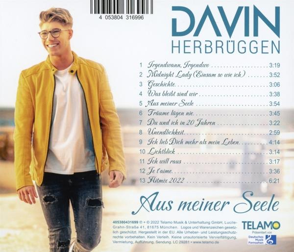 CD-Cover mit einem lächelnden Mann mit Brille. Titel: Davin Herbrüggen. Album: Aus meiner Seele. Titelliste rechts.
