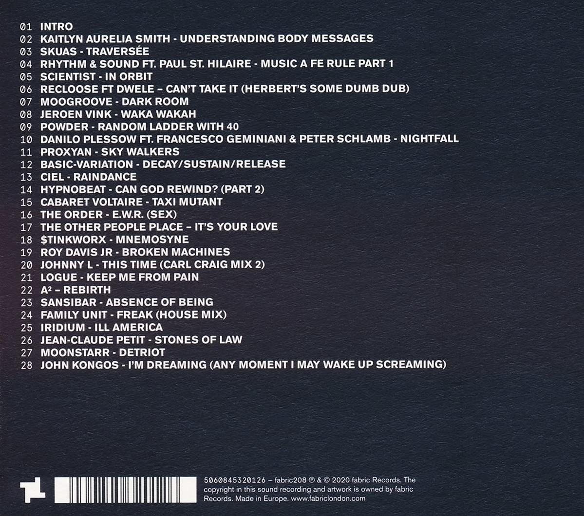 Une liste de 28 titres de chansons et d'artistes sur une pochette d'album de musique.