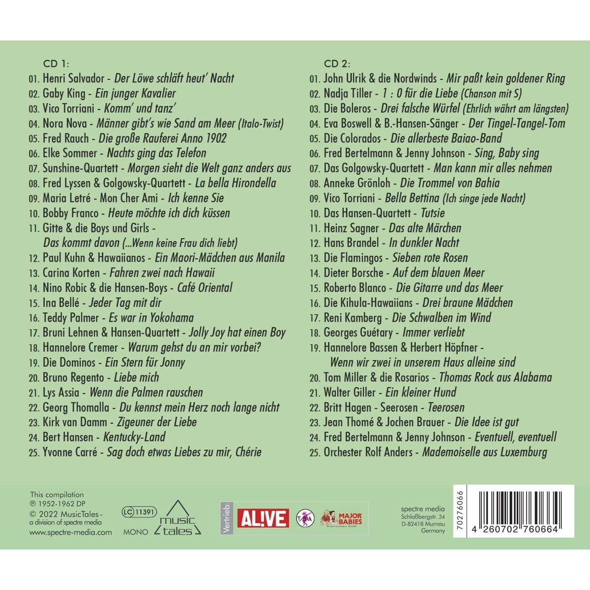 Zwei CDs mit Titellisten und Logos. Der Text ist auf Deutsch. Ein Vintage-Design.