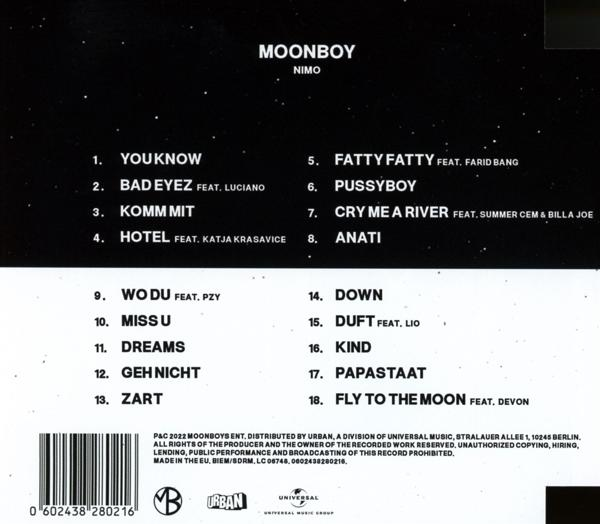 Rückseite einer CD mit Titelliste. Künstlername 'Moonboy' und 'Nimo'.