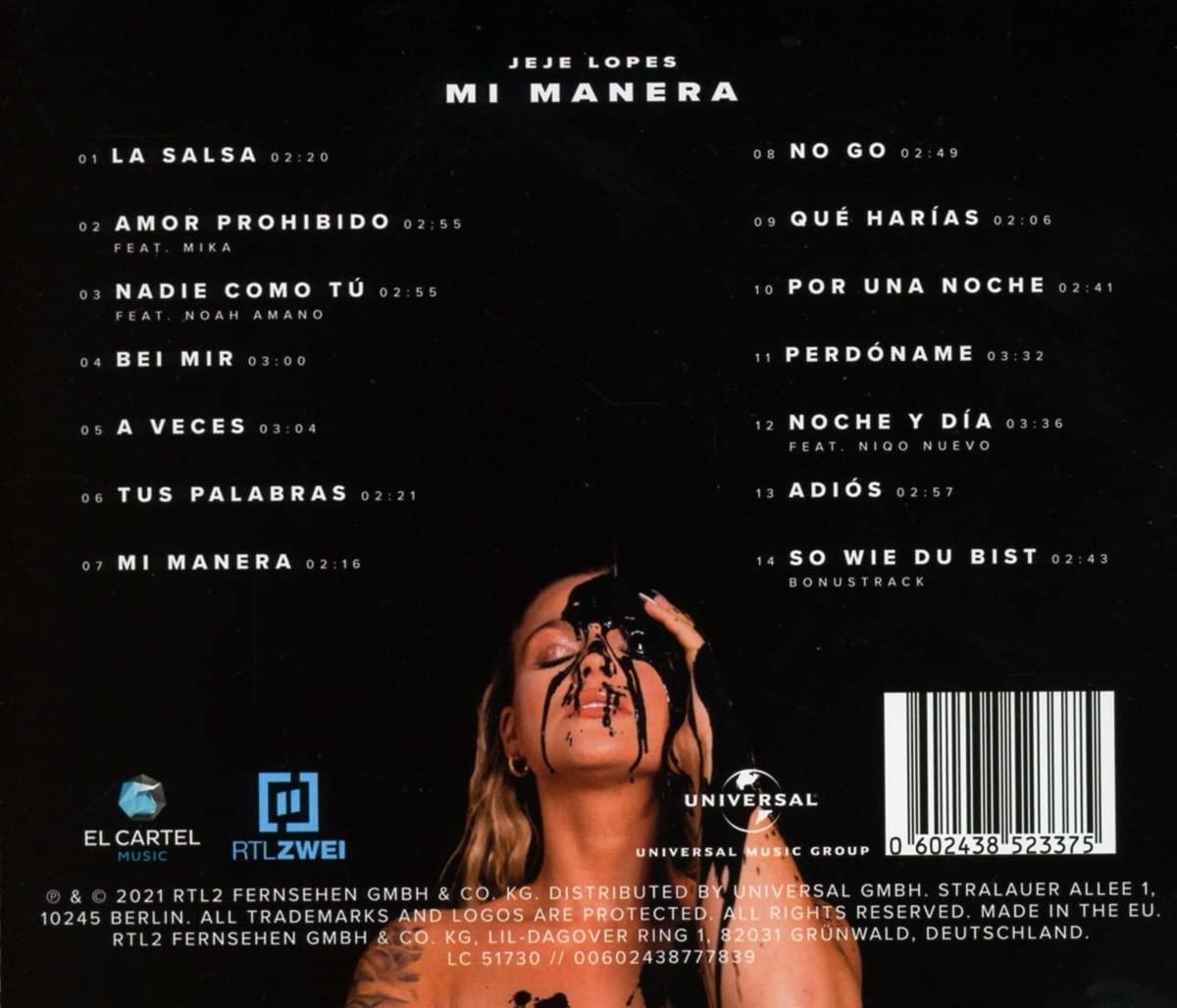 Rückseite einer Musik-CD. Der Titel lautet 'Mi Manera' von Jeje Lopes. Texte und das Gesicht einer Frau.