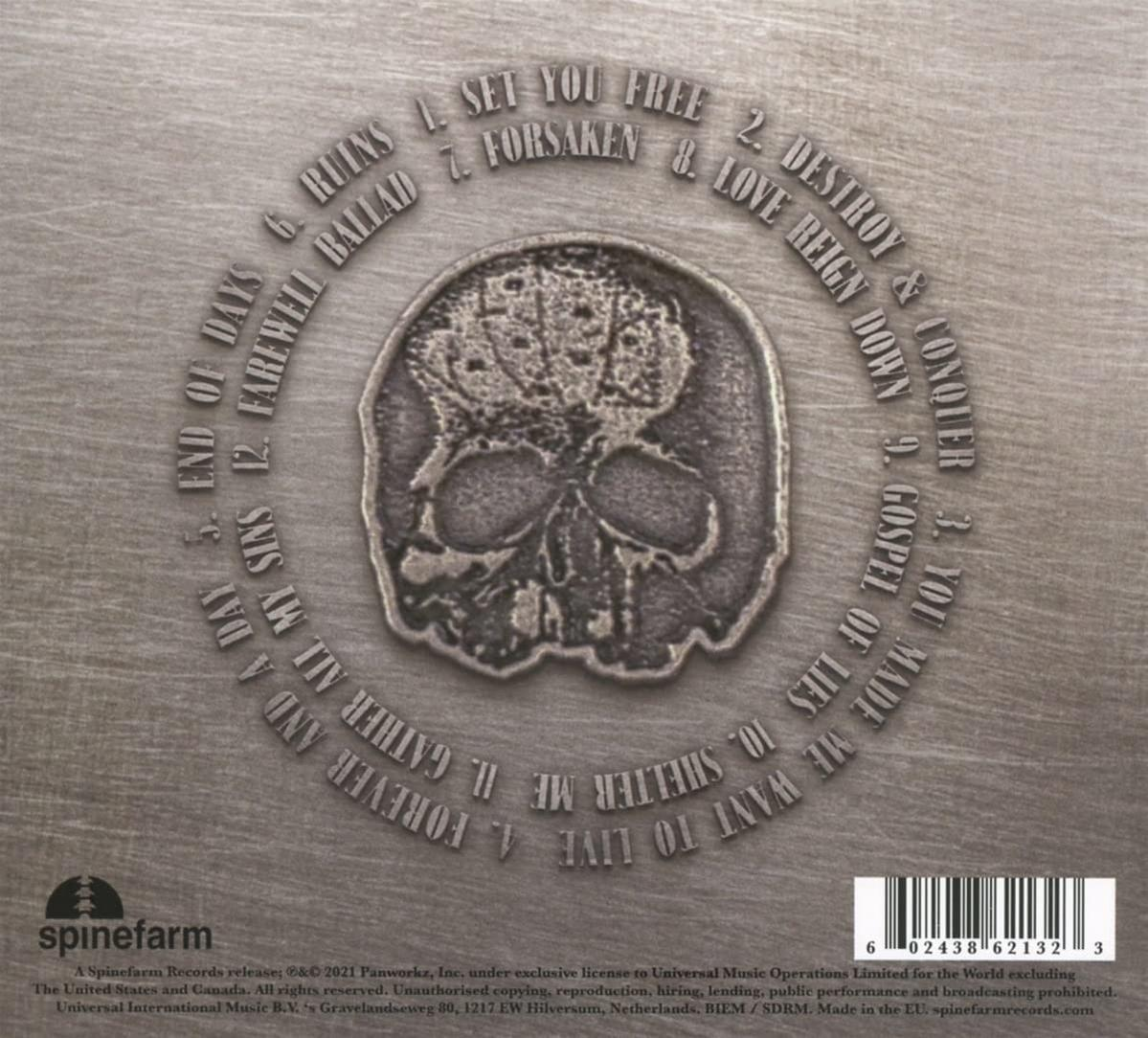 Rückseite einer CD-Hülle mit Text und Totenkopf-Bild. Grauer Hintergrund.