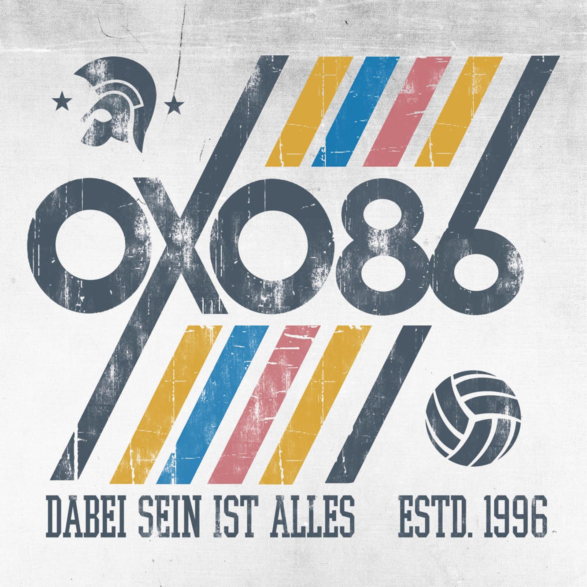 Oxo86-Grafik mit farbigen Streifen, Helm, Ball und Text "Dabei sein ist alles".
