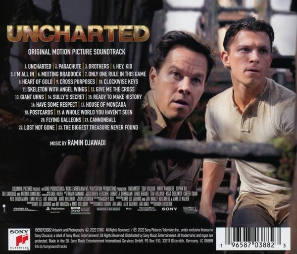Uncharted-Filmmusik-Cover. Mark Wahlberg und Tom Holland auf dem Cover.