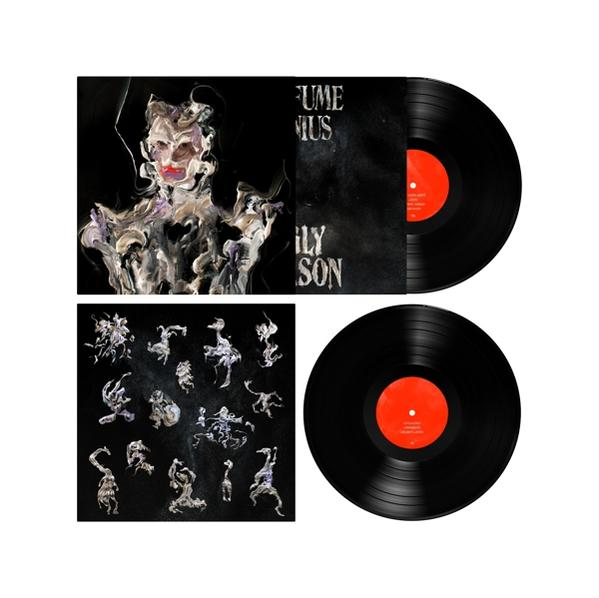 Zwei Vinyl-Schallplatten mit Albumcover auf schwarzem Hintergrund, mit abstrakten Figuren.