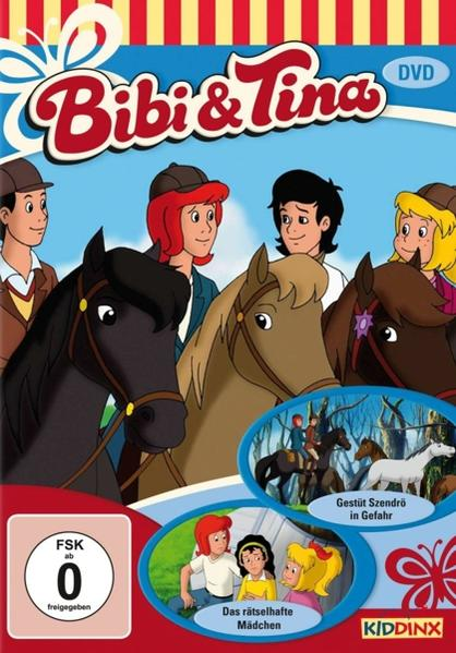 DVD-Cover mit Zeichentrickpferden und Kindern. Titel 'Bibi & Tina'. Blauer Himmel und grünes Gras.