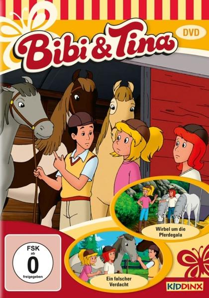 DVD-Cover eines Zeichentrickfilms, Bibi & Tina, mit Pferden, Kindern und einer Scheune.