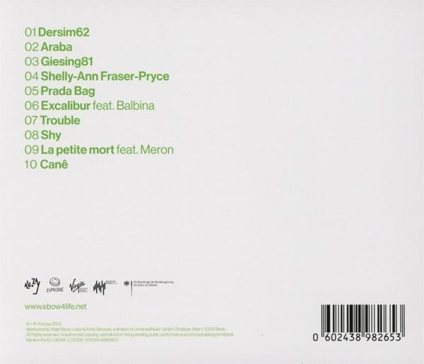 Rückseite eines CD-Covers mit Titelliste und kleinen Logos auf weißem Hintergrund.