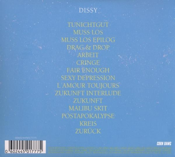 CD-Cover mit einer Liste von Songtiteln in Gelb auf blauem Hintergrund. Der Künstler ist DISSY.