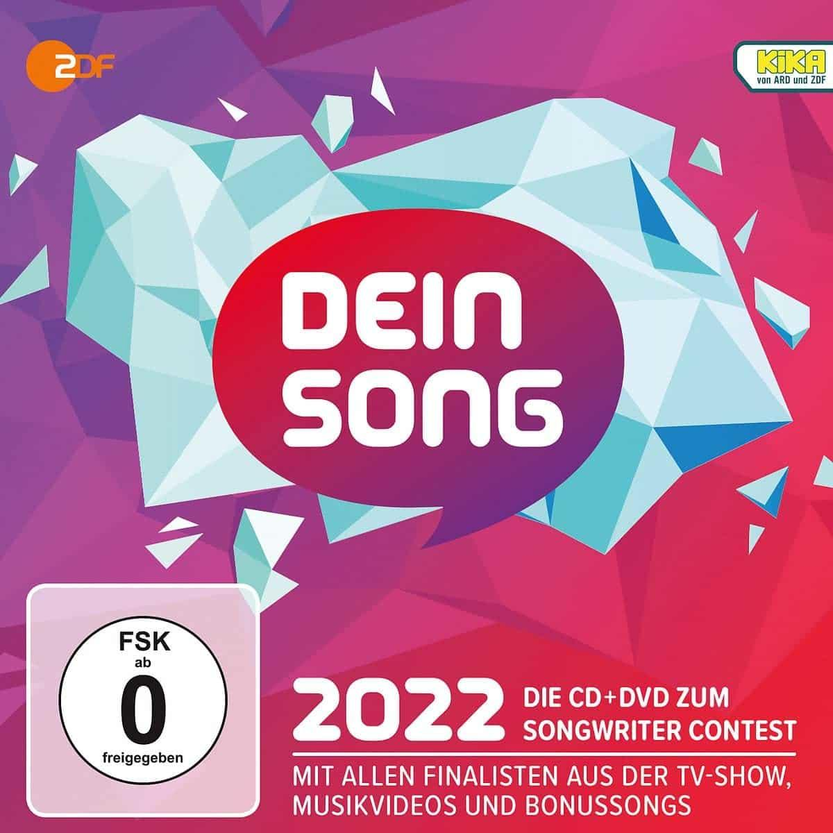 Farbenfrohes CD-Cover: rote und blaue Formen, der Text 'DEIN SONG' und '2022' mit anderem Text.