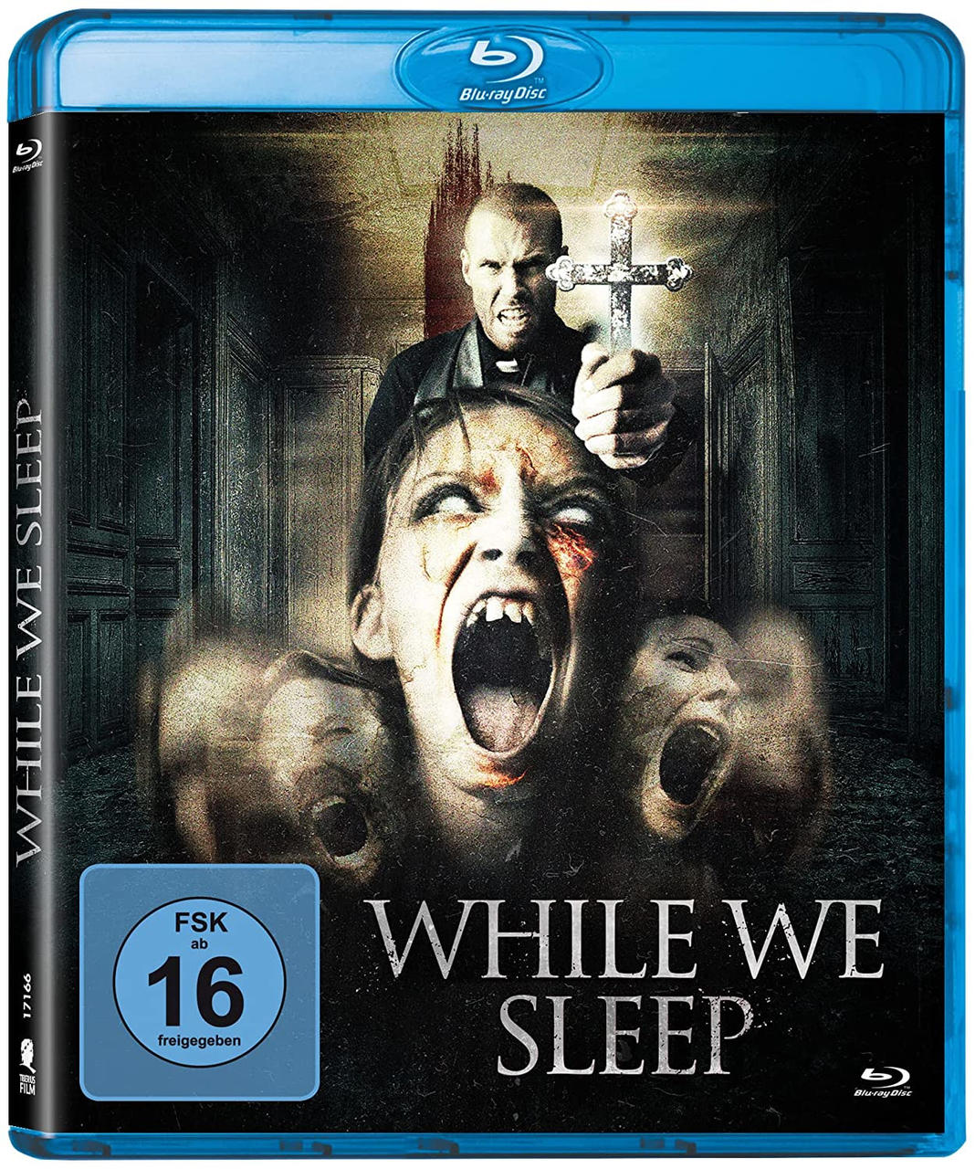 Blu-ray-Cover eines Horrorfilms: While We Sleep, mit einem schreienden Gesicht.