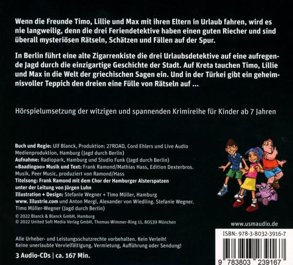 Buchcover mit Text. Deutscher Text, Comicfiguren unten. Titel: "3 Audio-CDs | ca. 167 Min."