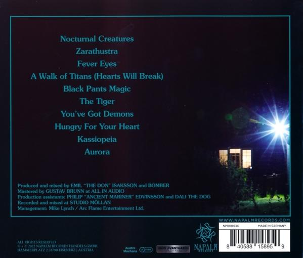 Rückseite eines Musikalbums. Der Hintergrund ist dunkel mit Sternenhimmel.