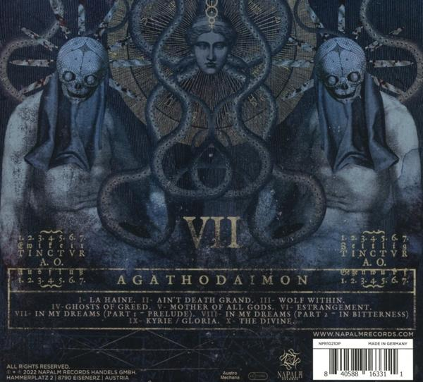 Agathodaimon VII Albumcover. Dunkles, gotisches Design mit zwei Totenköpfen und Mustern.