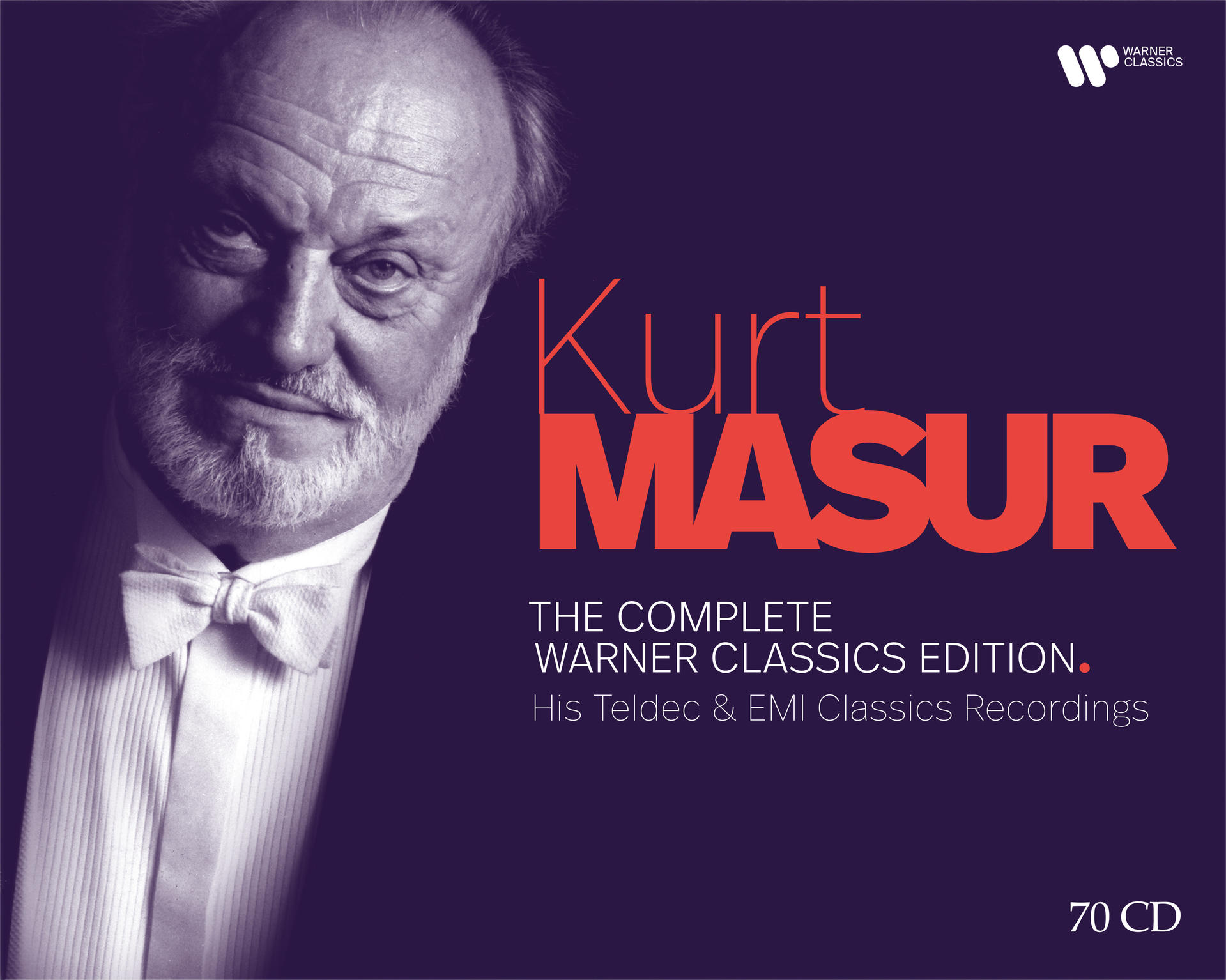 Albumcover. Porträt von Kurt Masur in dunklem Anzug. Roter Text: Kurt Masur. Lila Hintergrund. Warner Classics Logo.