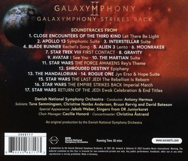 CD-Cover mit Text. Titel: Galaxy Symphony II. Enthält Soundtracks aus verschiedenen Filmen und Serien.