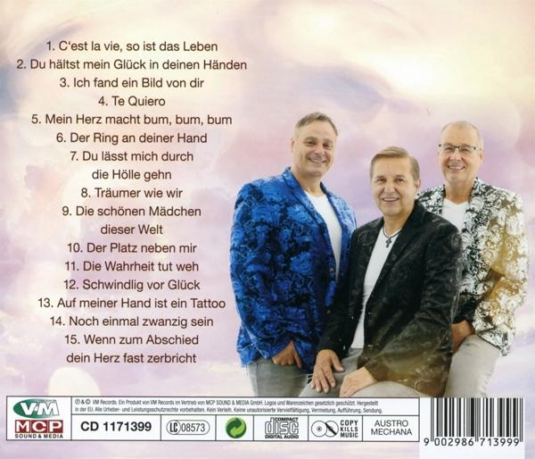CD-Cover mit drei Männern in Anzügen, Songtiteln und Label. Blau, weiß und schwarz.