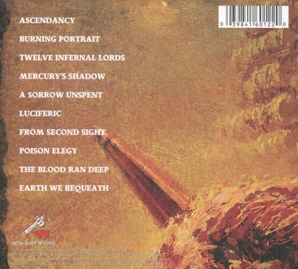 Rückseite einer CD mit Text. Listet Songtitel und Credits auf strukturiertem Hintergrund auf.